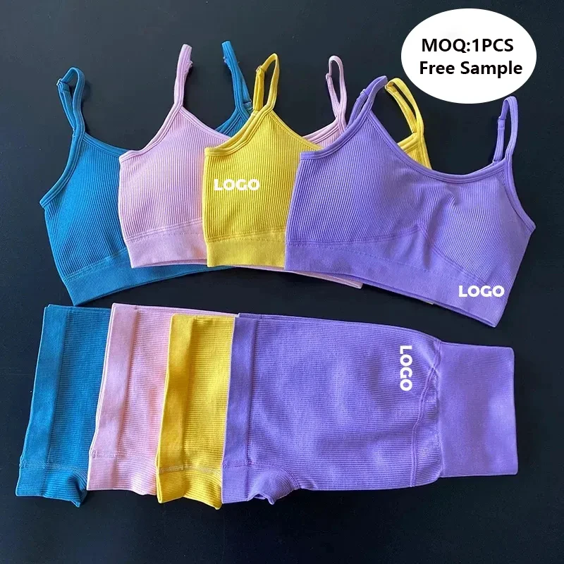 Fitness Clothing Woman Seamless Short Yoga Gym Push up Activewear Set 2 Piece Ribbed Sports Bra Biker Shorts Gym Fitness Sets