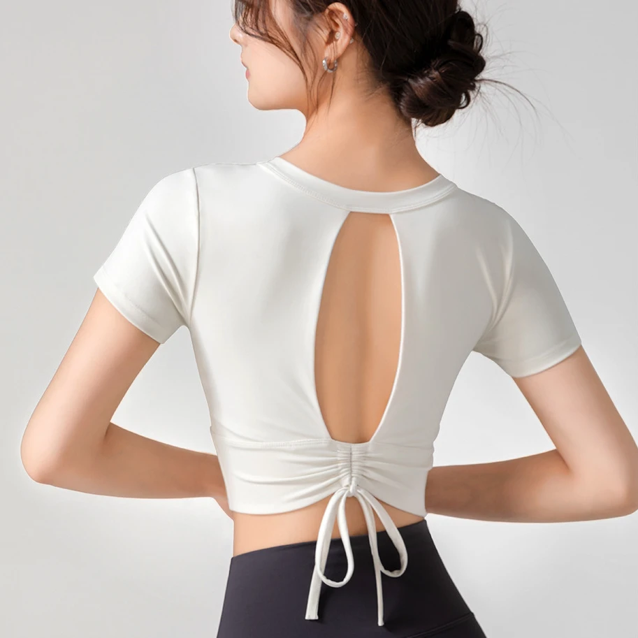 Women's Lightweight Breathable Crochet Back Yoga Top Built-In Bra Running Shirt Printed Drawstring Ruffle Design Sports Set