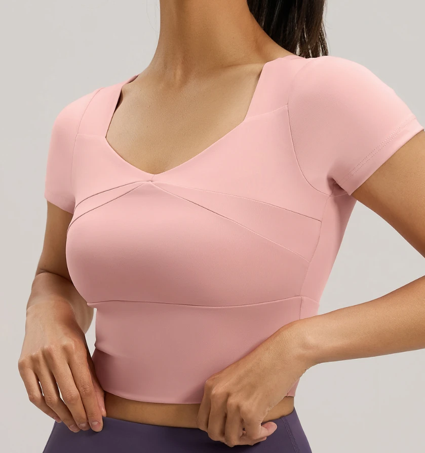 Women's Seamless Breathable Anti-Bacterial Quick-Dry Yoga Top Removable Pads-V-Neck Short Sleeve Spandex/Polyester Skinny Yoga