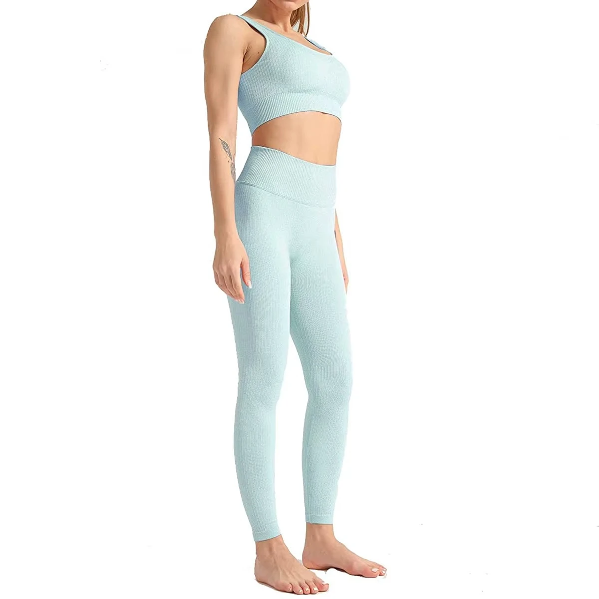 Women's Solid Color Elastic Waist Yoga Set High Quality 2-Piece Spandex/Polyester Wholesale for Adults Yoga Leggings