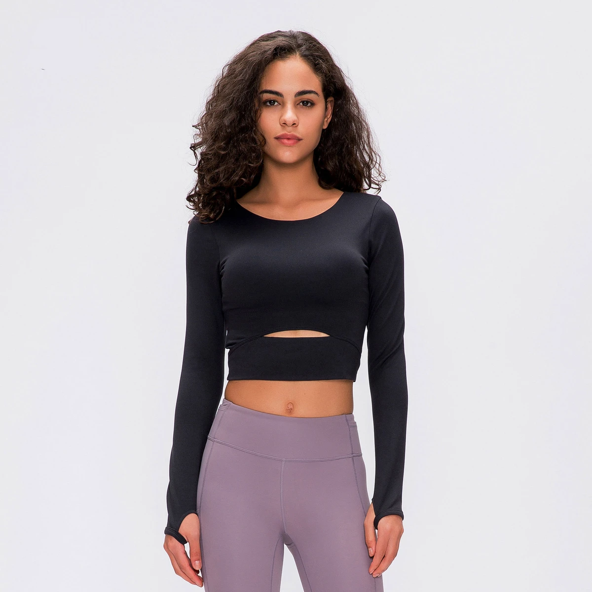 High Quality Spring Sports Wear Round Neck Short Fitness Tank Top with Thumb Buckle Solid Color Long Sleeve Yoga Top for Woman
