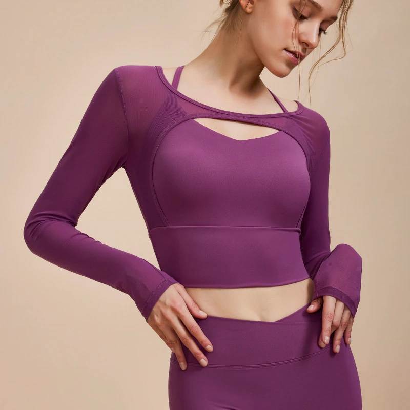 Sexy Mesh Cutout Long Sleeve Yoga Top, Two-Layer Design Breathable Sportswear, High-End New Style