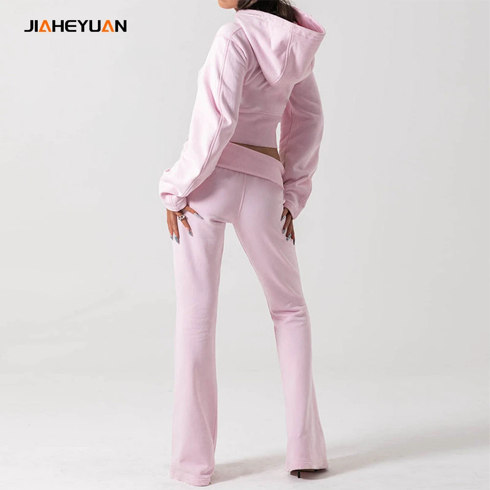 High Quality 300Grams Zip Up Crop Top Hoodies And Sweatpants Set Women Custom Sportswear 2 Piece Tracksuits Set Women Streetwear