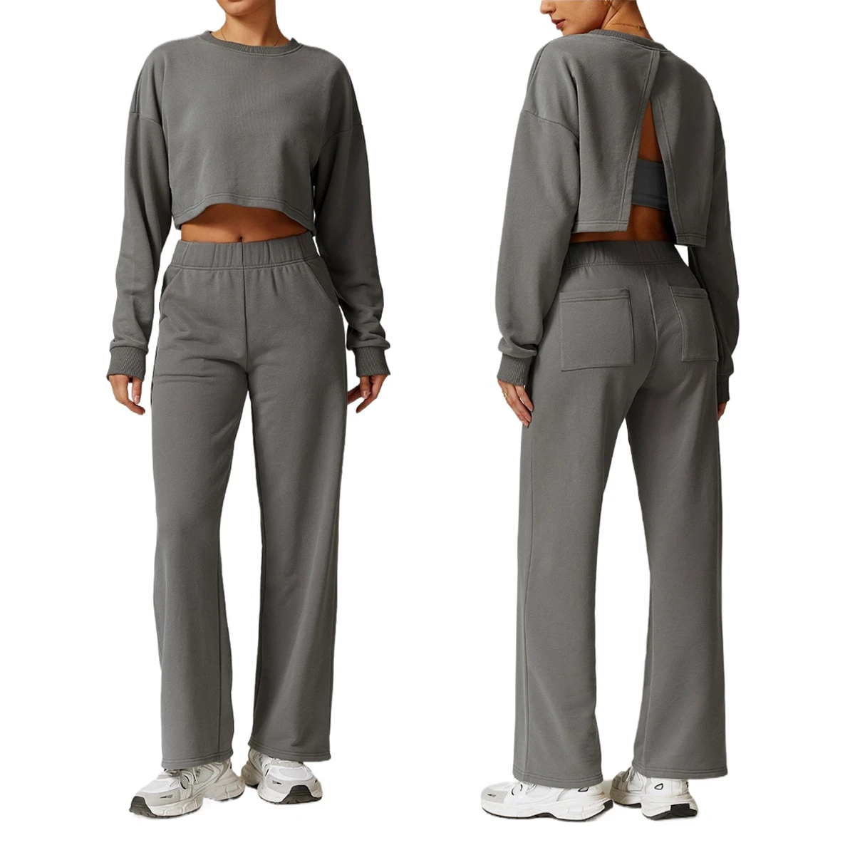Fall and Winter Casual Sportswear Women High Waisted Wide Leg Yoga Suit Slim Long Sleeve Fitness Top