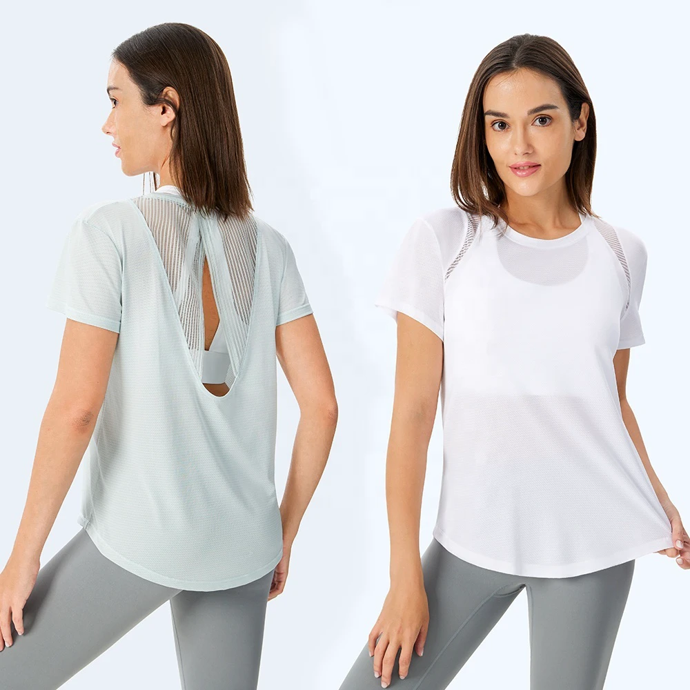 Four-side Stretch Mesh Back Moisture Wicking Breathable Cool Feeling Short-sleeved Yoga T-shirt Sports Fitness Quick Dry Clothes