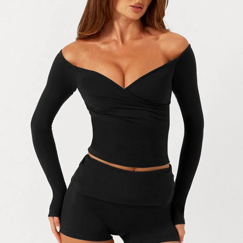 Yoga Top Fashion Long Sleeve V-Neck Women's Pilates Top Lightweight Smooth Off-the-Shoulder Yoga Long Sleeve