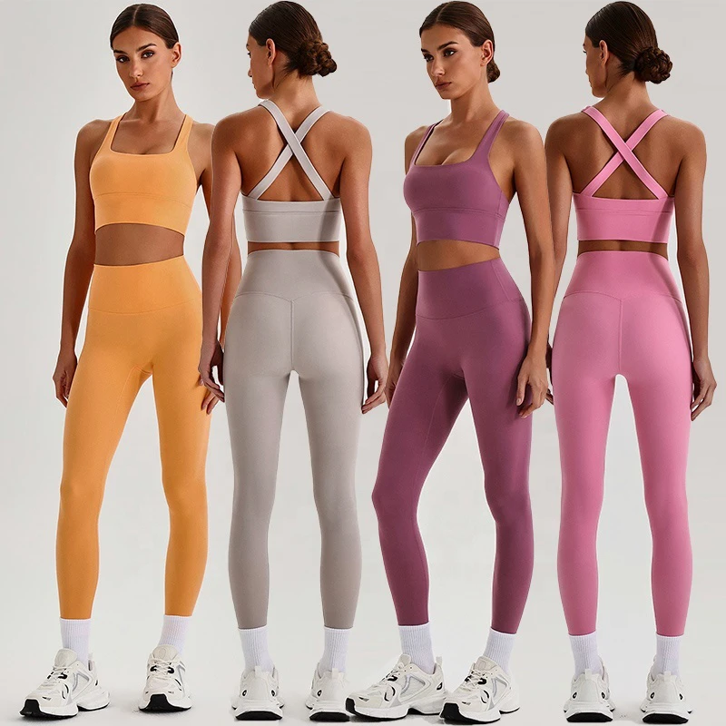 Wholesale TK Hot Selling Women Criss Cross Back Yoga Workout Set Quick Dry Sports Bra and High Waist Leggings Fitness Set