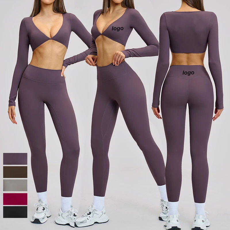 Wholesale Women's Two-Piece Set Fitness Yoga Wear Long Sleeve Crop Top High Waist Gym Outfits Quick Dry Women's Clothing