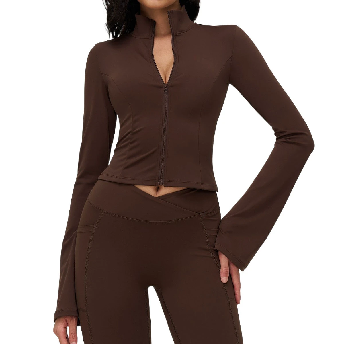 Women's Nude-Feel Yoga Jacket Stand Collar Zipper Bell Sleeve Outdoor Running Sports Top
