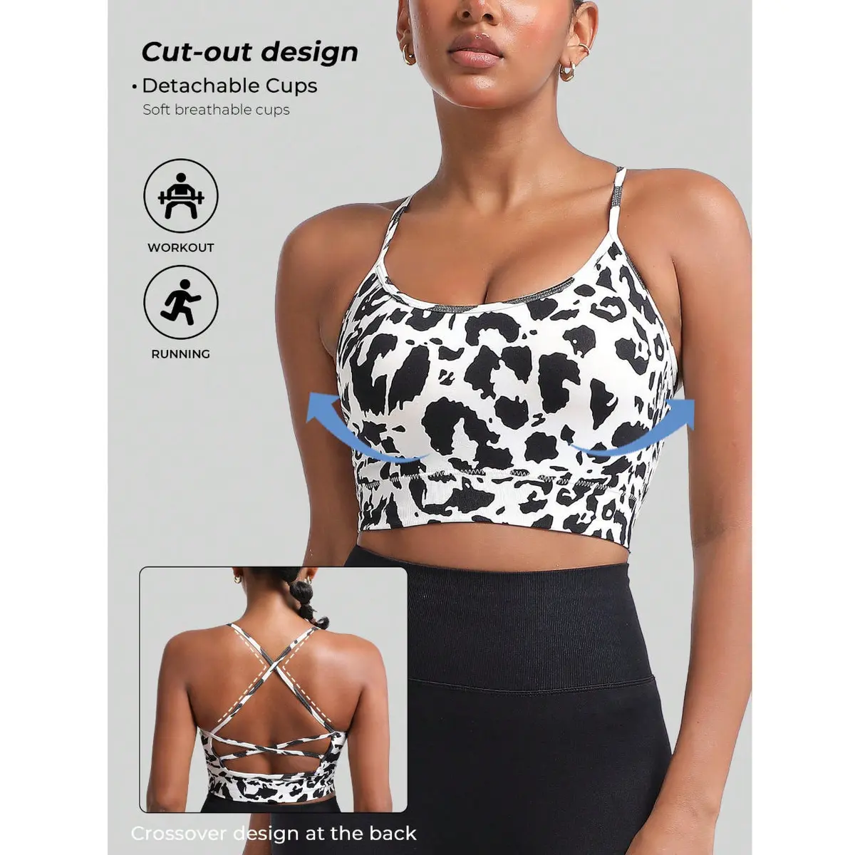 Women's Floral Print Crisscross Spaghetti Straps Sports Bra High Support Backless Breathable Yoga Tank Top for Fitness Running