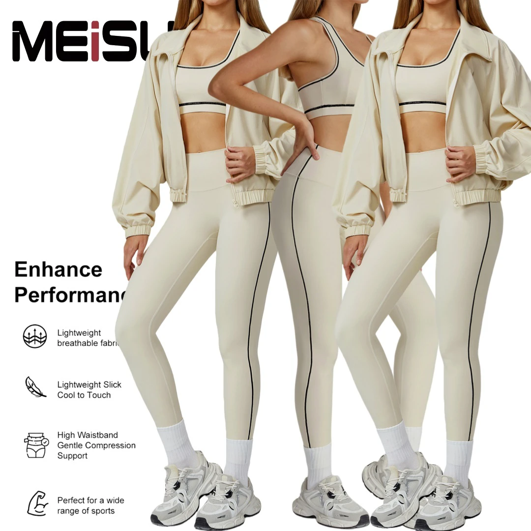 3 Pcs Color Blocked Workout Set for Women High Waist Yoga Leggings Sexy Fitness Bra With Cropped Zip Hoodie