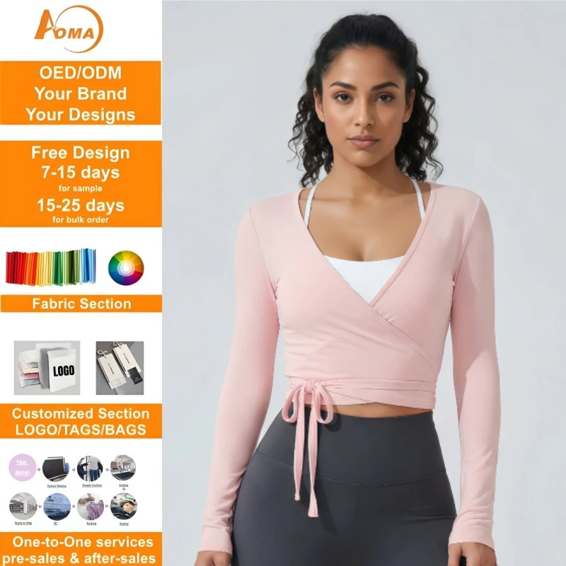 Aoyema Women Fitness Wear V-neck Lace-up Yoga Elastic Breathable Slim-fit Spandex/Polyester Self-tie Sports Crop Top Wholesale