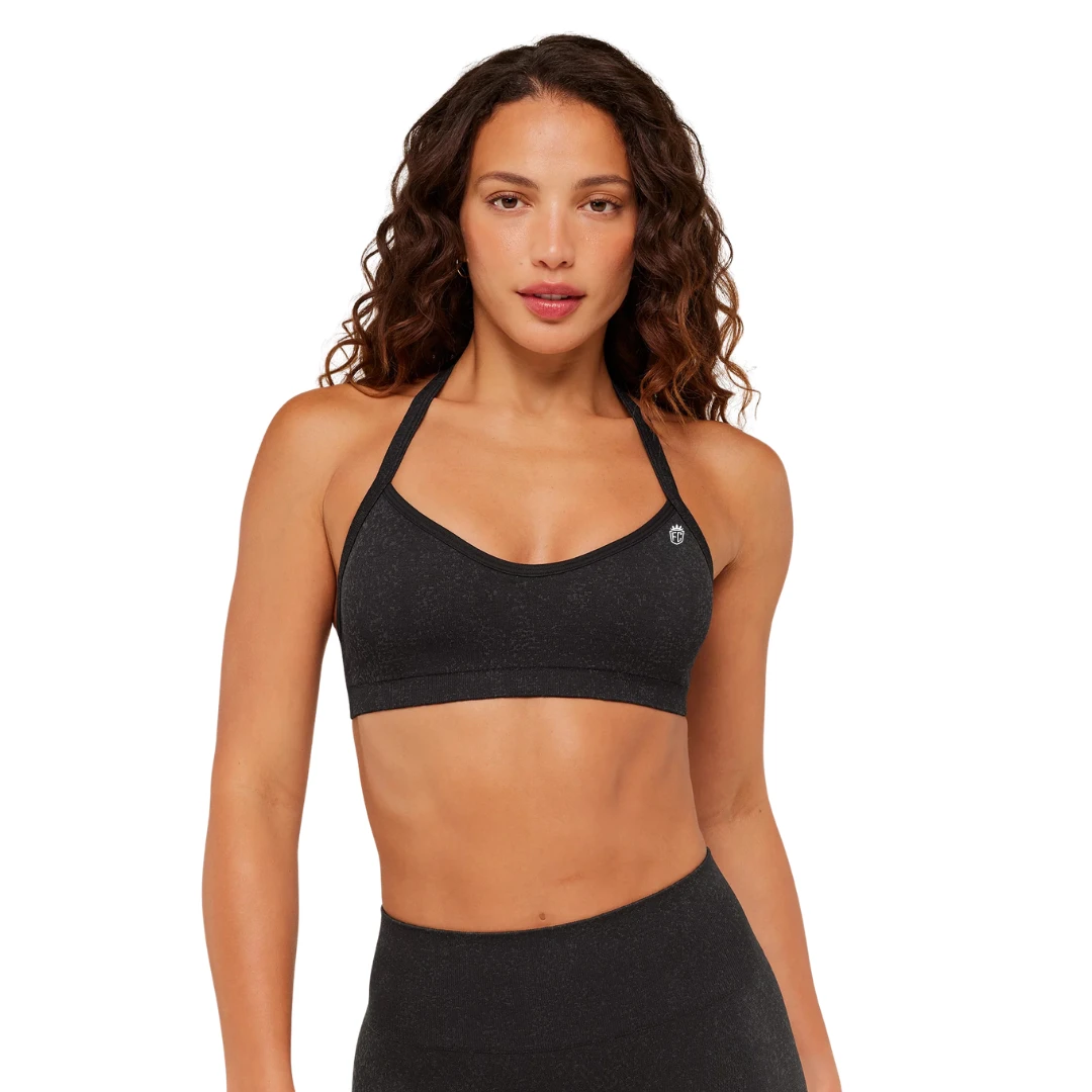Custom Logo Women Charcoal Grey Halter Neck Sports Bra Nylon Spandex Marl Yoga Top Breathable Gym Fitness Workout Wear