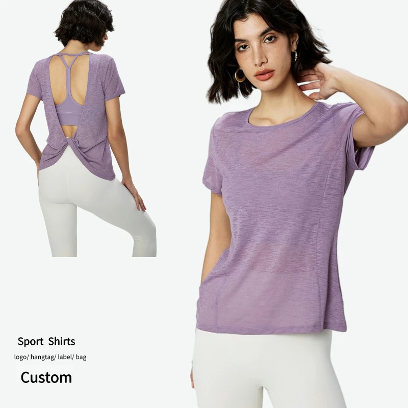 Wholesale Ladies Running Biker Pilates Yoga T Shirts Women Short Sleeve Loose Casual Backless Tops Female Workout T Shirts
