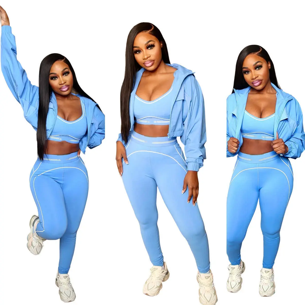 Wholesale Activewear Tennis Fitness Yoga Set Sports Wear Breathable Yoga Bra Leggings Jacket Quick Dry Fitness 3 Pieces Gym Sets