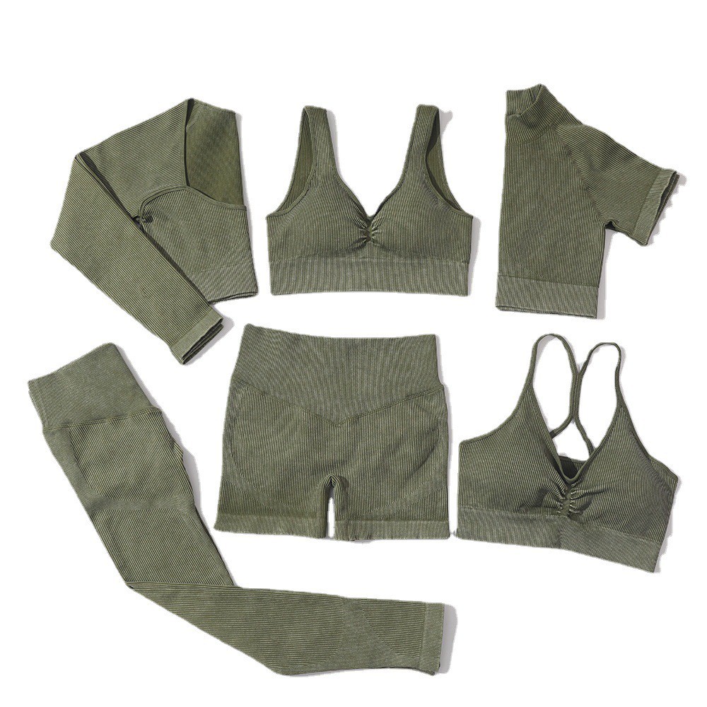 Hot Sale Women's 6 Piece Acid Wash Yoga Sets Ribbed Seamless Knitted Workout Sport Gym Running Set Butt Lift Athletic Set