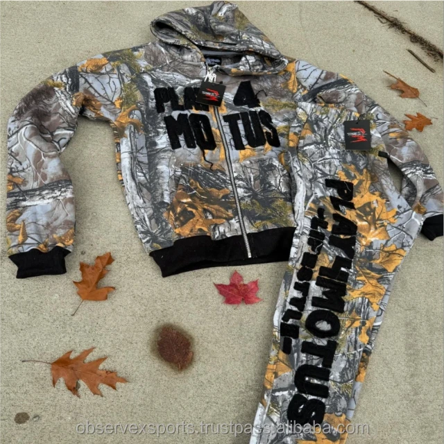 Camo Winter 100% Cotton Heavyweight Quick Dry Breathable Streetwear Unisex Distressed Embroidery Baggy Zip-Up Jogging Sweatsuit