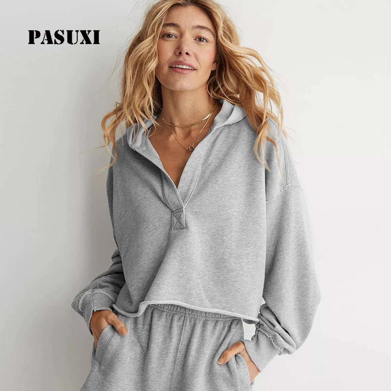 PASUXI OEM Oversized Women's Hoodie Loose V-Neck Pullover Long Sleeve Casual Yoga Top Spring Winter Sweatshirt