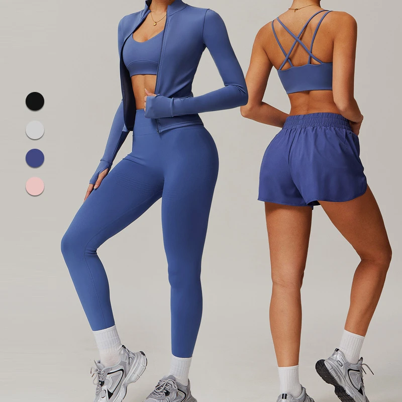 TZ4001 New Arrival Women 4 Pieces Yoga Sets Cross Beauty Back Bra Long Sleeve Jacket High Waist Leggings Workout Sets