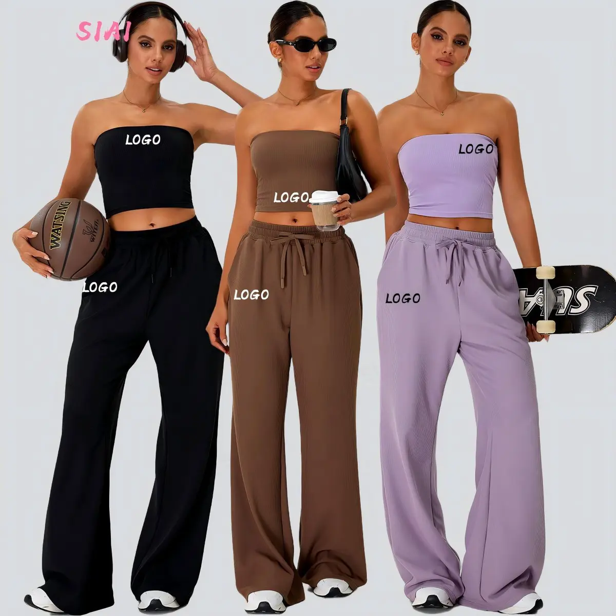 Yoga Set Off-the-Shoulder Solid Yoga Top + Straight Leg Front Casual Pants Breathable Waist Phone Pocket Workout Sports Clothing
