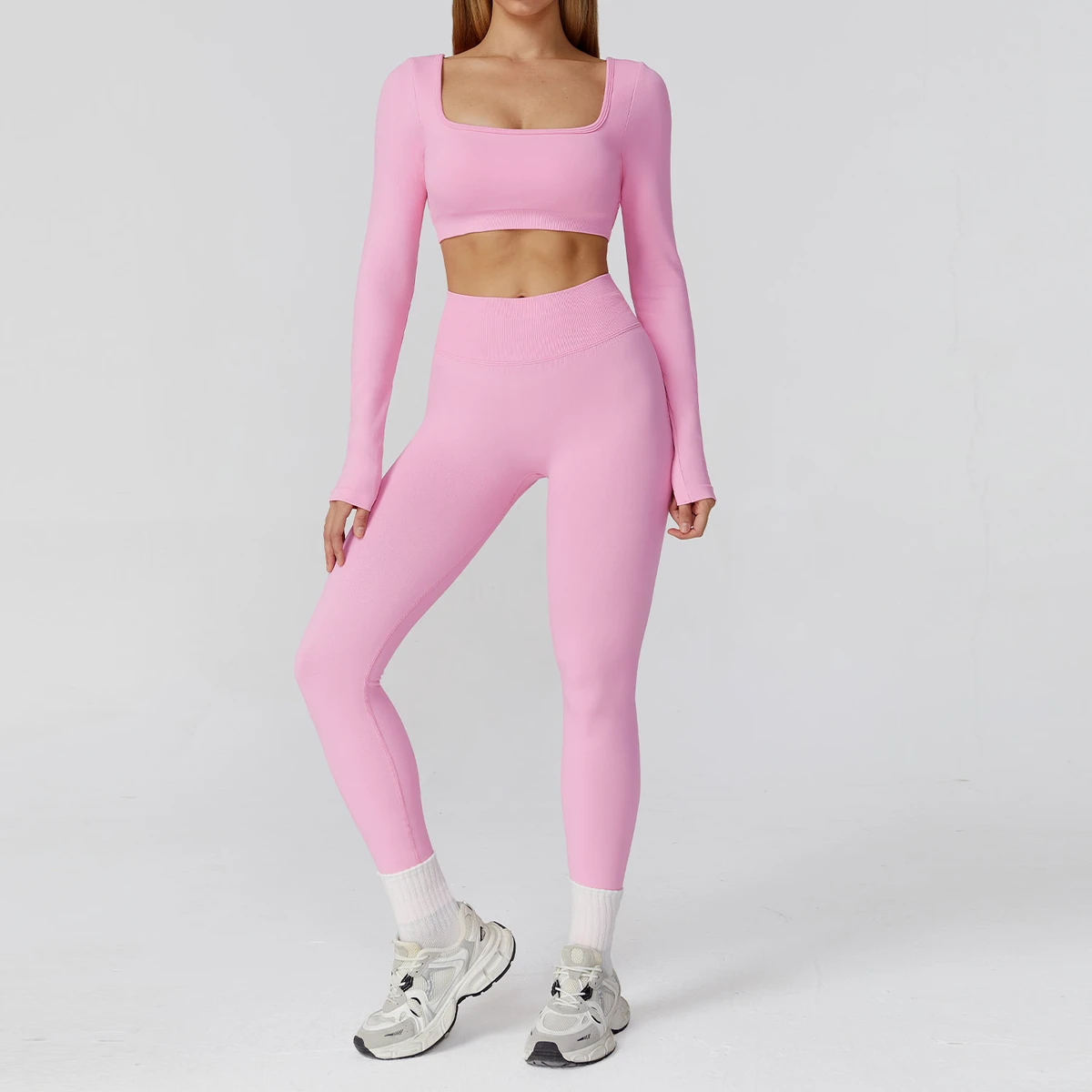 New Design Seamless Square Neck Beauty Back Tight Yoga Fitness Outdoor Women Long Sleeves Women Gym T Shirt