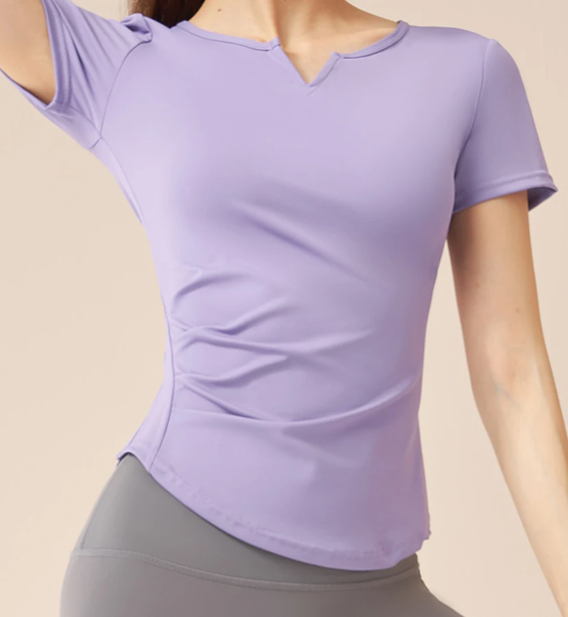 V-neck Yoga Short-sleeved Buttery-soft Spandex/Polyester Quick-drying Breathable Anti-Bacterial Skinny Fit Ruched Athletic Top
