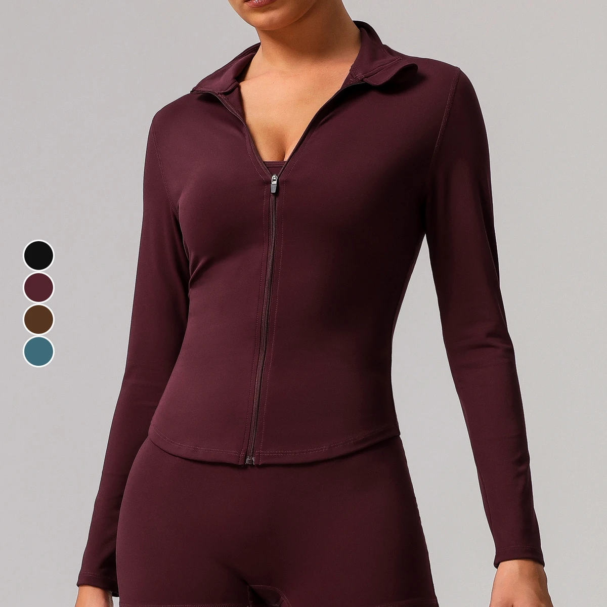 Women's Slim Fit Windproof Zipper Jacket Stand-Up Collar Long-Sleeved Pure Color Yoga Sports Top Running Top Versatile Plus Size
