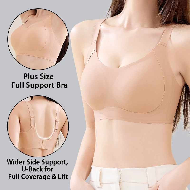 Plus Size Full Support Lift Up Full Coverage Bra Soft Adjustable Straps U-Back Comfortable Seamless Wireless Bra For Women