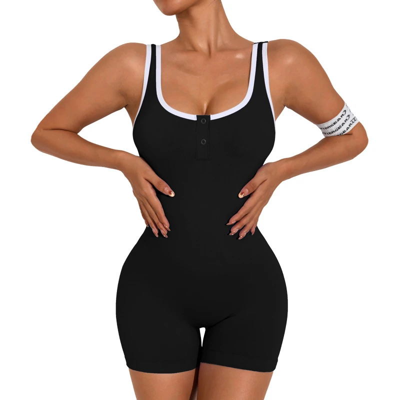 Women's Spaghetti Strap Sports Jumpsuit Color Block High Stretch Slim Fit Yoga Bodysuit for Workout Fitness