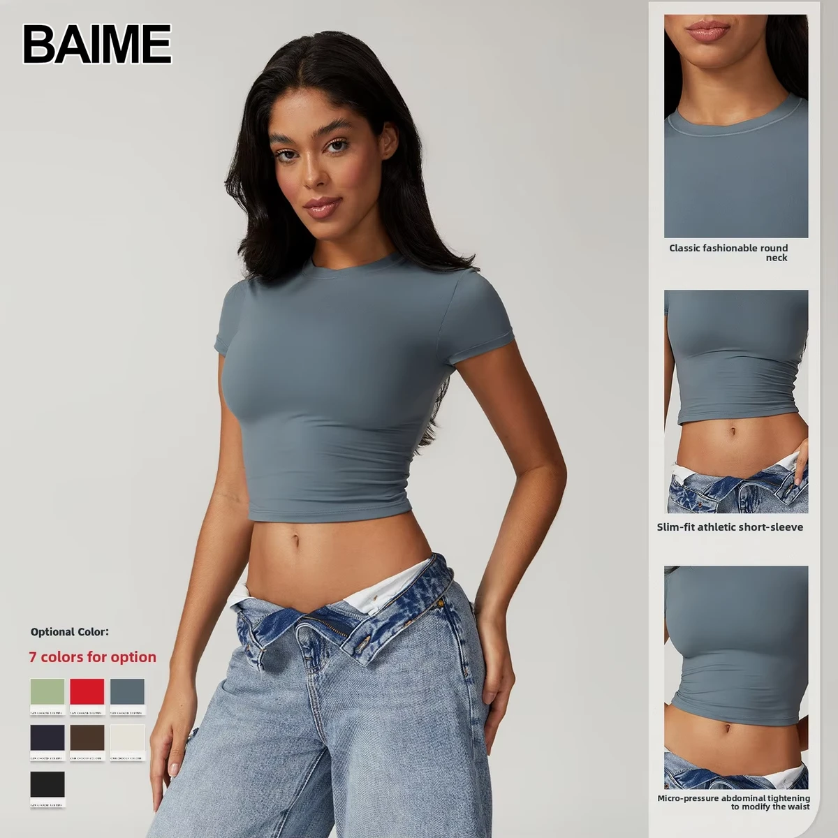 BAIME Women's Casual Versatile Tight-Fitting Quick-Dry Spandex/Nylon Fitness Top Yoga Wear Running Pilates Sports T-Shirt