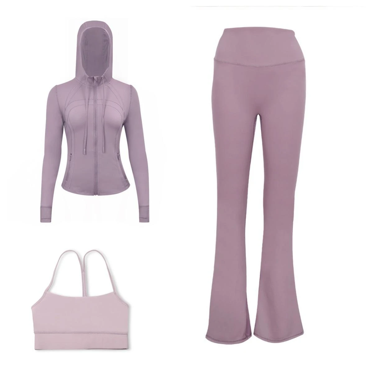 Solid Color Breathable Hooded Jacket Y Back Bra High Waisted Flare Pants Fitness Three Piece Set Sportswear