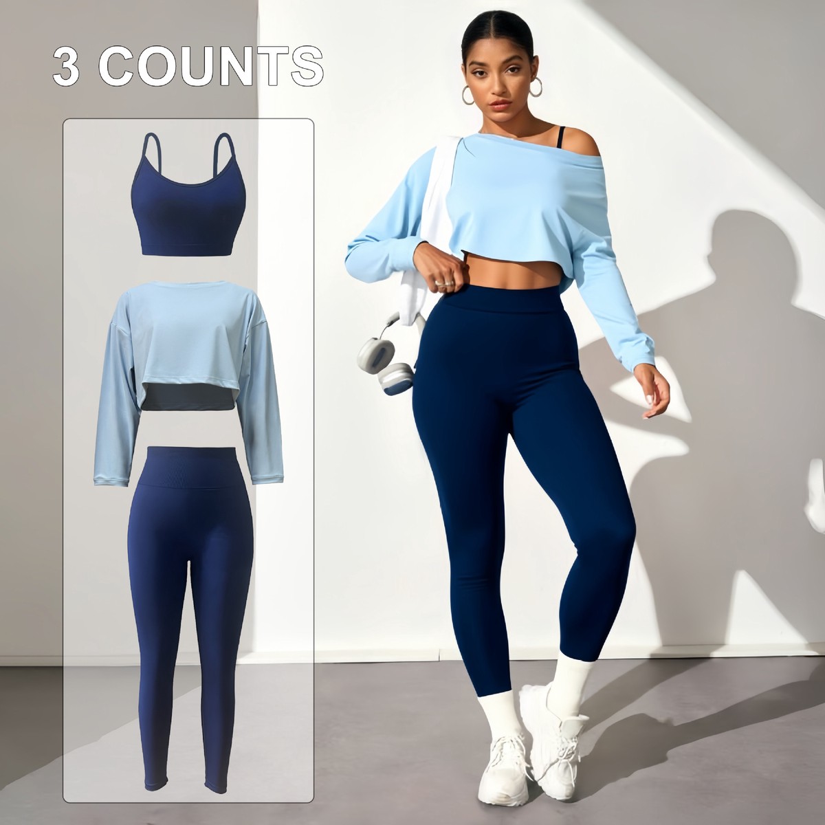 European American Cross-border Fashion Three-piece Solid Seamless Spandex/Nylon Wrinkle-resistant Unisex Yoga Set Bra