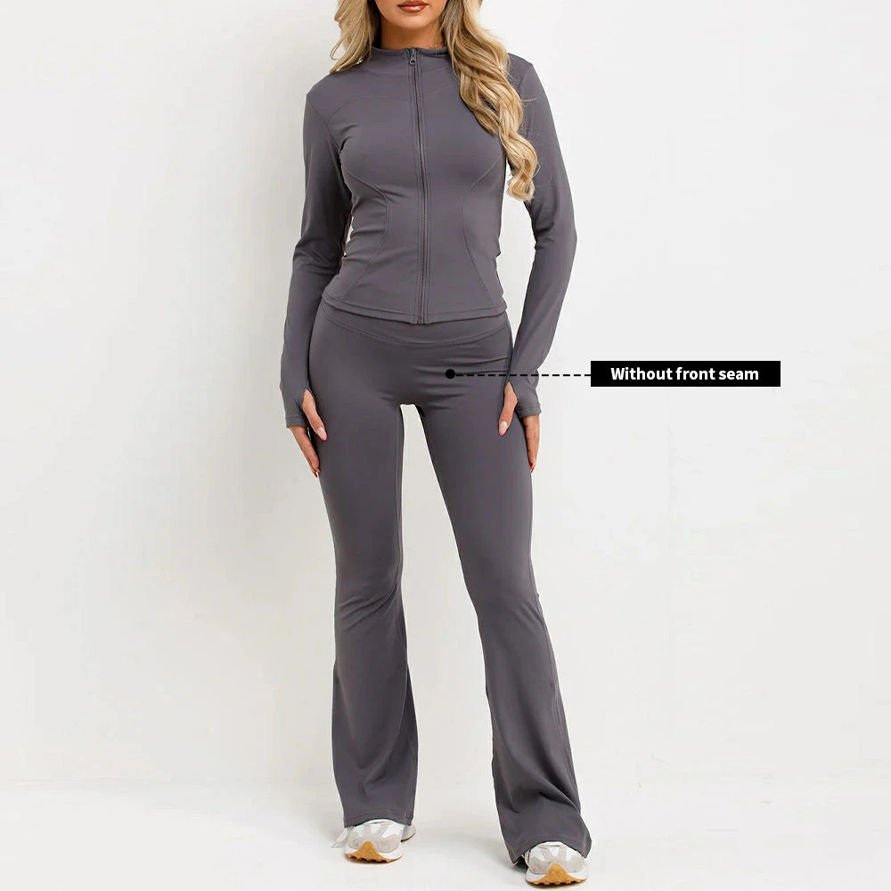 Custom Women Gym Two Piece Yoga Pants Sportwear High Quality Quick Dry Flare Leggings Long Sleeve Jacket Gym Set