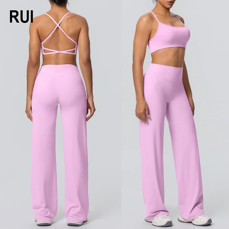 RUIQUWIN Reversible Solid Eco-Friendly Seamless Yoga Bra & High Waist Wide Leg Flowy Pants Women's 2 Piece Lounge Wear