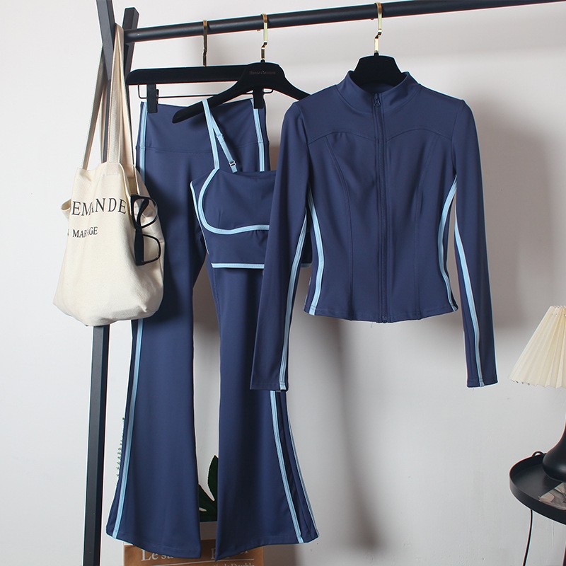 Fitness Yoga Sports Suit Women's Color Blocking Autumn High Waist Flared Pants Slim Running Step Tight Zipper Three-piece Set