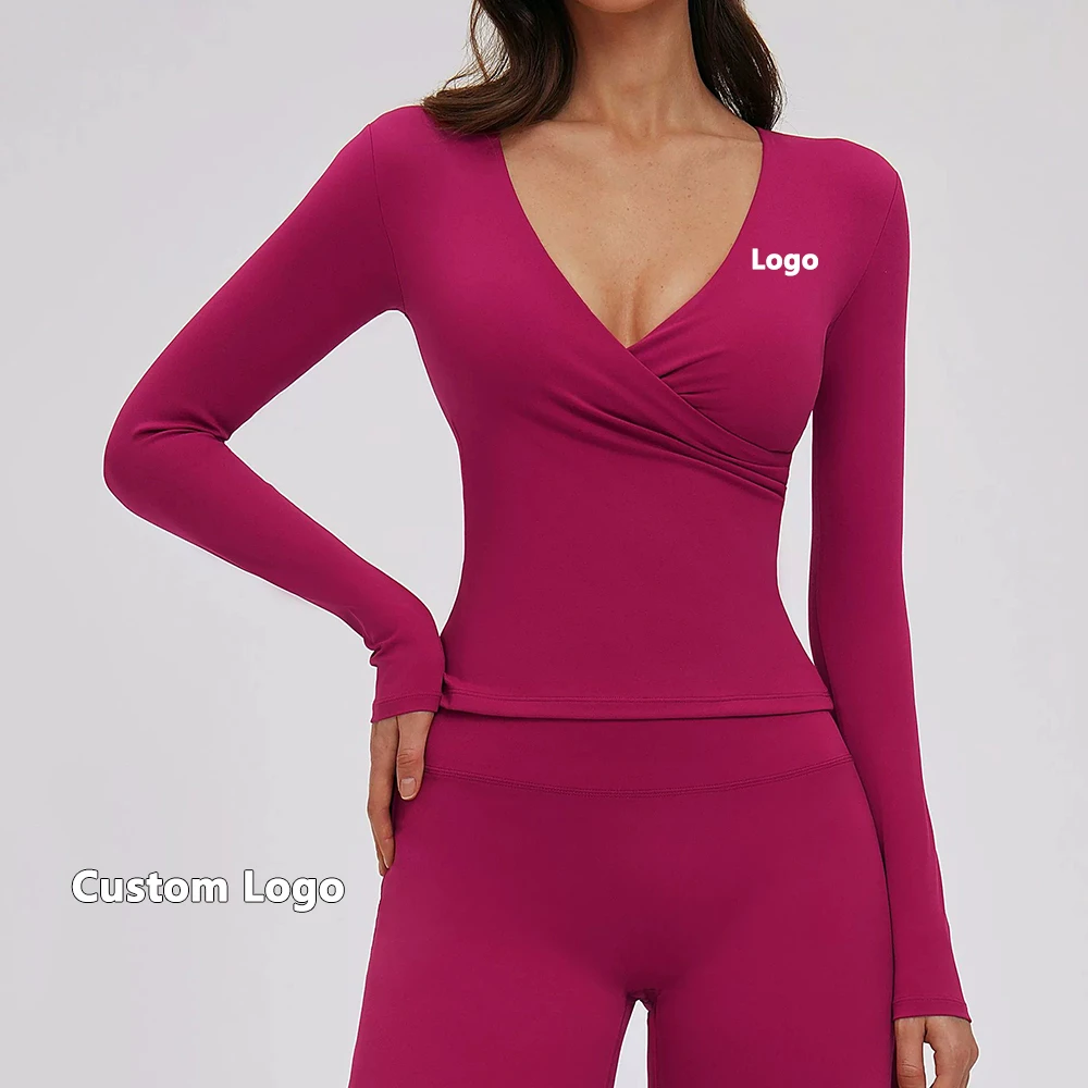 Custom Logo Long-sleeved V-neck Yoga Pilates Training Top Worn Over a Running Fitness T-shirt for Women