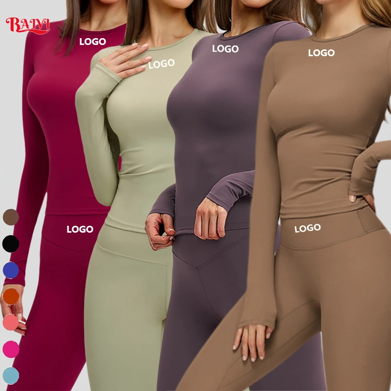 Wholesale Custom Logo Women Compression Long Sleeve Fitness Top Round Neck Smooth Fabric Tummy Control Sports Yoga Activewear