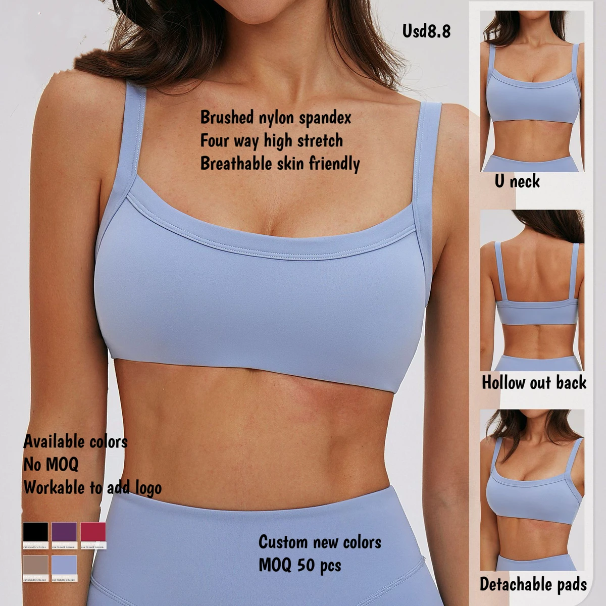 Brushed U Neck Solid Breathable Four-Way Stretch Detachable Chest Pads Skinny Fit Women's Sports Push Bra Ropa Deportiva Mujer