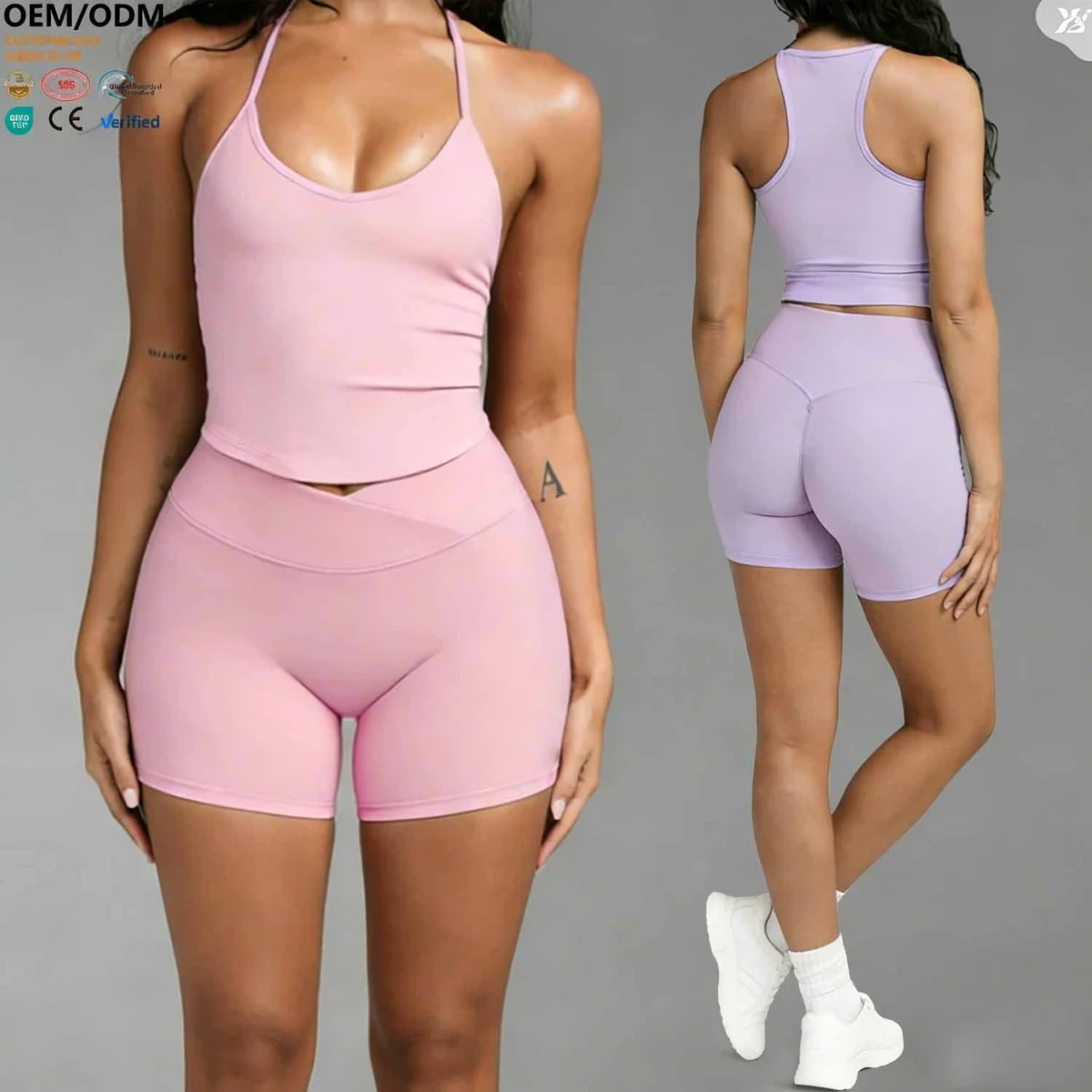 ABX8002-4 Women Halter Neck Cropped Sports Bra V Neck Racerback Fitted Tank Top Soft Stretchy for Gym Yoga Fitness Custom
