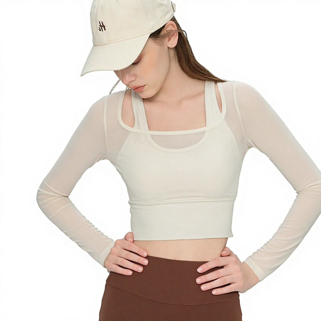 Breathable Spandex/Nylon Solid Mesh Two-Piece Yoga Long-Sleeve Top Chest Pads Women's Tight-Fitting Sports Top Running Pilates