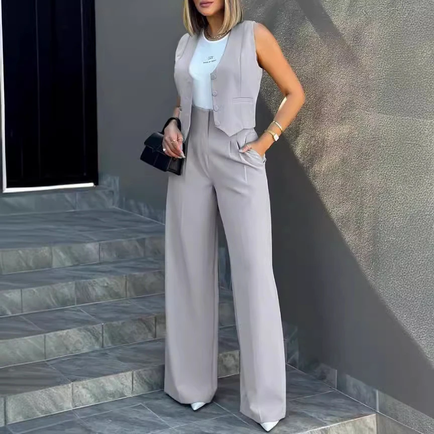 Solid Crop Top Grey Suit And Waistcoat Set With Pocket Vest And Wide Leg Pants Women's Two-Piece Sets