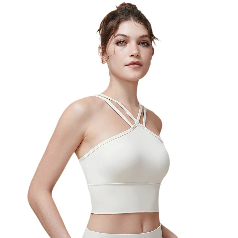 Aoyema Summer Hot Sale Womens Sexy Double V Short Sling Sports Fitness Clothes Cross Strap High Elastic Girls Underwear Yoga Bra