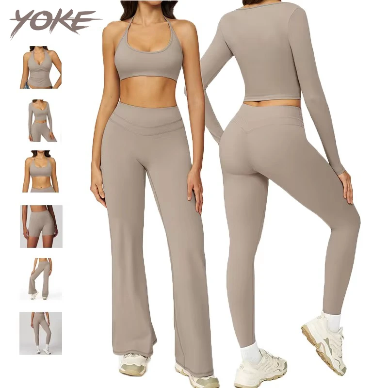 Yoke High Elasticity Solid Breathable Yoga Sportswear Set Halter Strap Detachable Bra Loose Casual Flared Leg Pants 6-Piece