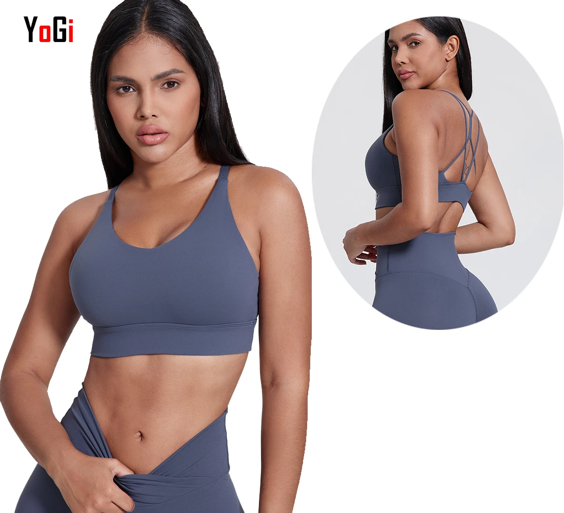 Hot New Arrival Women's Gym Clothing Sexy Criss-Cross Back Lightly Padded V-Neck Yoga Fitness Sports Bra Breathable Lightweight