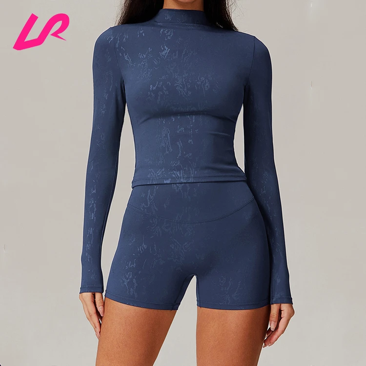 Wholesale Nylon Fitness Four Way Stretch Yoga Top Running Breathable High Neck Printing Slim Fit Gym Wear Long Sleeve Shirts