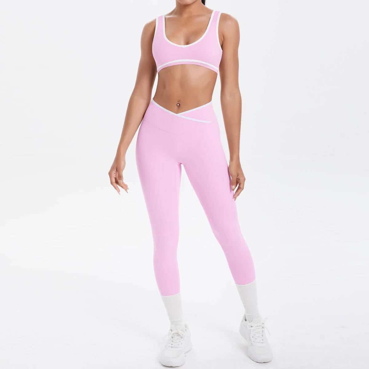 Women's Gym Sets Breathable Tracksuits Bra Leggings Yoga Workout Fitness Contrasting Colors Cross-Over High-Waisted Customized