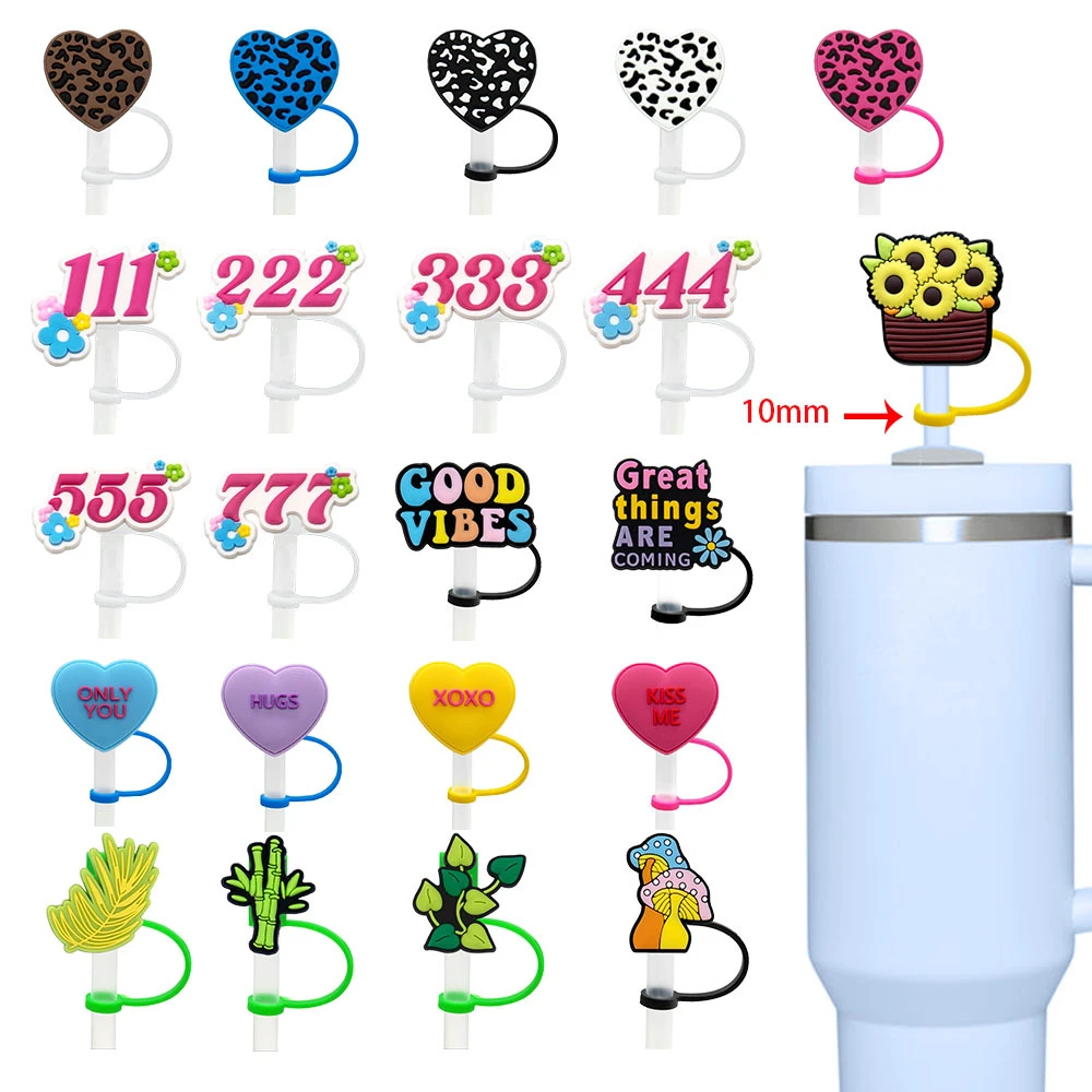 10mm Silicone Wholesale Custom Reusable Splash Proof Drinking Plant Bamboo Straw Cover Cordate Valentine Silicone Straw Topper