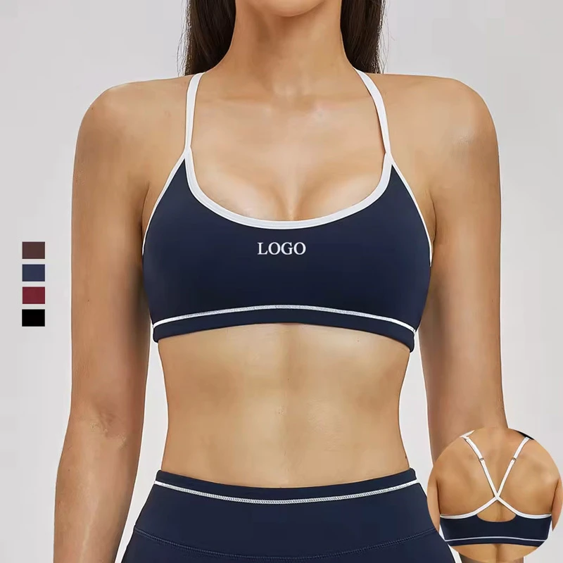 Custom Color Contrast Adjustable Halter Cross Straps Yoga Bra Active Top Moisture-Wicking Breathable Sports Bra