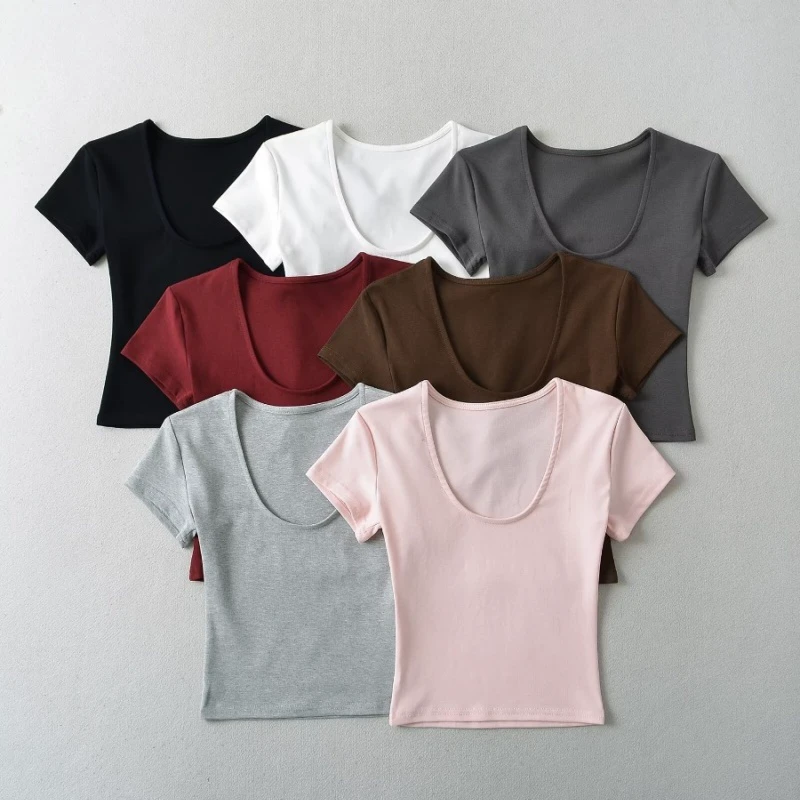LULUXIXIYAYA Summer New Round Neck Shoulder Slim Short Solid Color Ladies Short Sleeve T-shirt