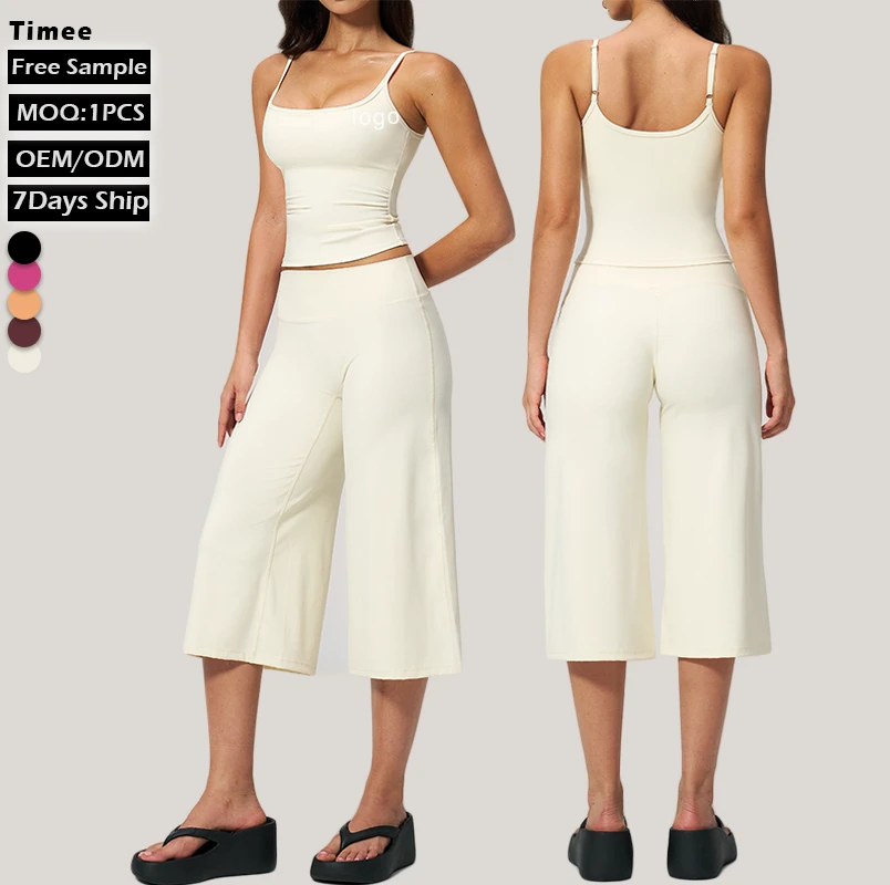 High Quality Quick Dry 2Pcs Yoga Set Adjustable Spaghetti Strap Top High Waist Wide Leg Calf-Length Pants Women Activewear